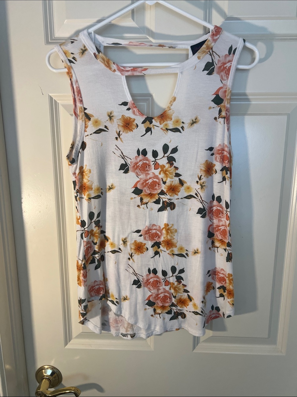 Floral Keyhole Sleeveless Tank Top - White with Peach & Yellow Print